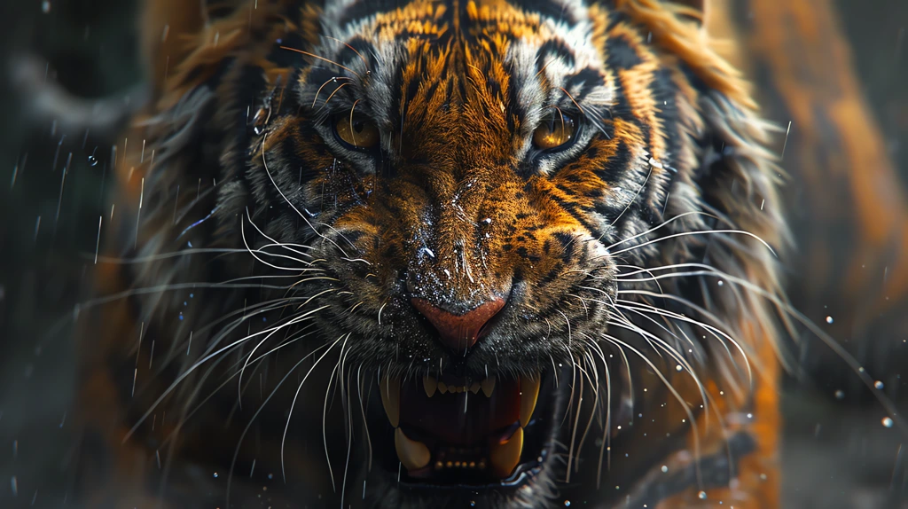 angry tiger head animal head on with fangs and attacking dark fantasy realistic desktop wallpaper 4k