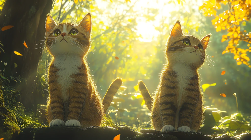 animation style in a fantastic forest two cute cats desktop wallpaper 4k