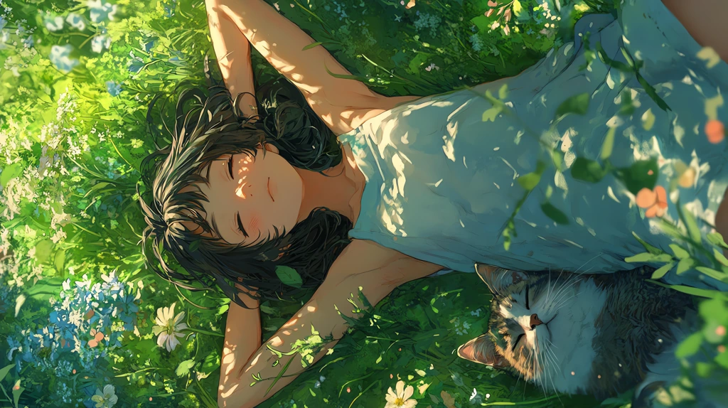 anime girl lying in the middle of a green meadow phone wallpaper 4k