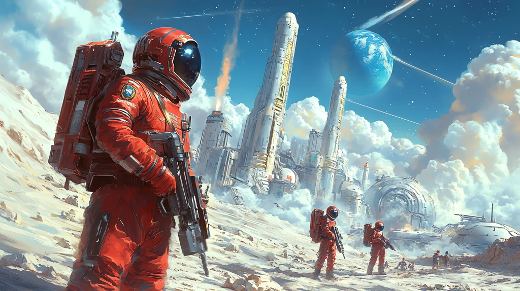 anime-style illustration of mars colonists in red space suits standing in front of towering desktop wallpaper 4k