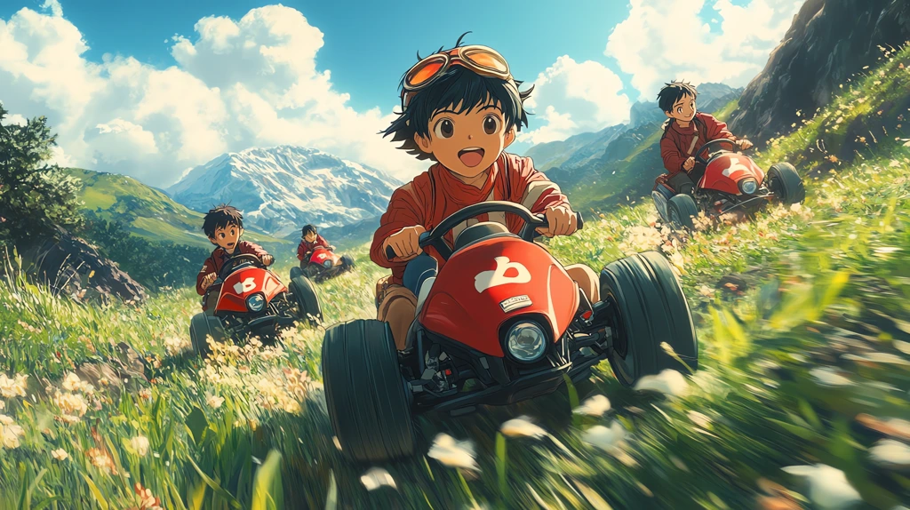 anime style poster of young boys riding incredibly fast karts through an endless green desktop wallpaper 4k