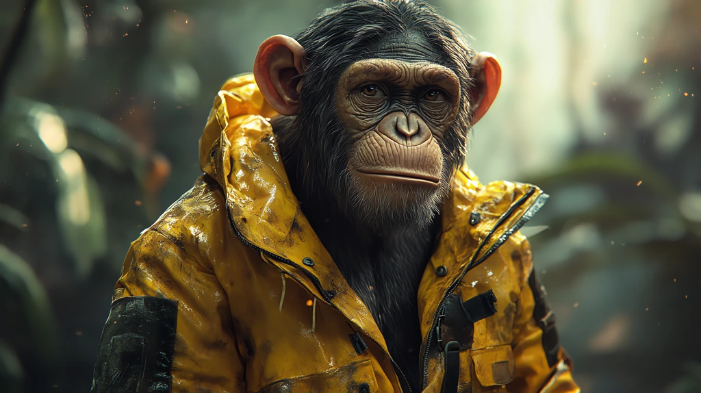 anthropomorphic chimpanzee wearing a yellow old jacket clutching a banana desktop wallpaper 4k