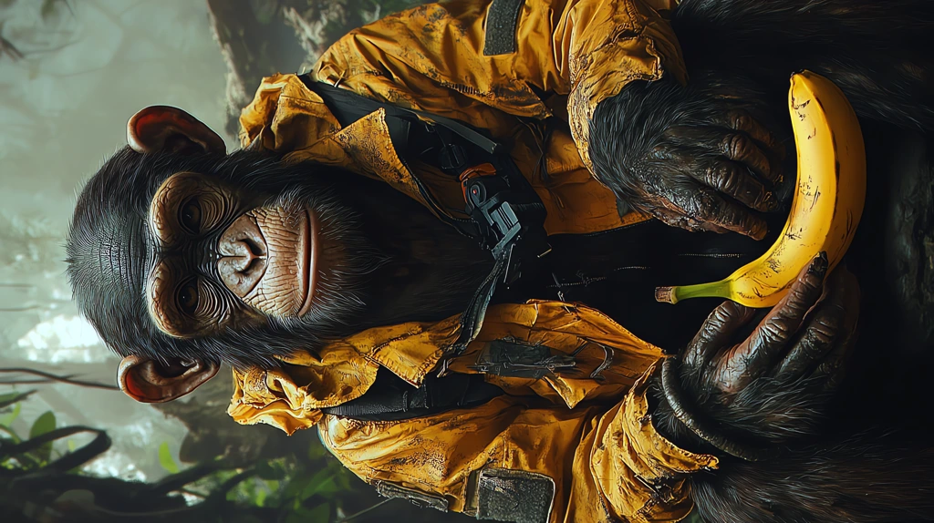 anthropomorphic chimpanzee wearing a yellow old jacket phone wallpaper 4k