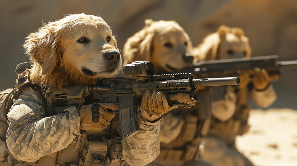 anthropomorphic golden retriever soldiers clad in combat gear desktop wallpaper 4k