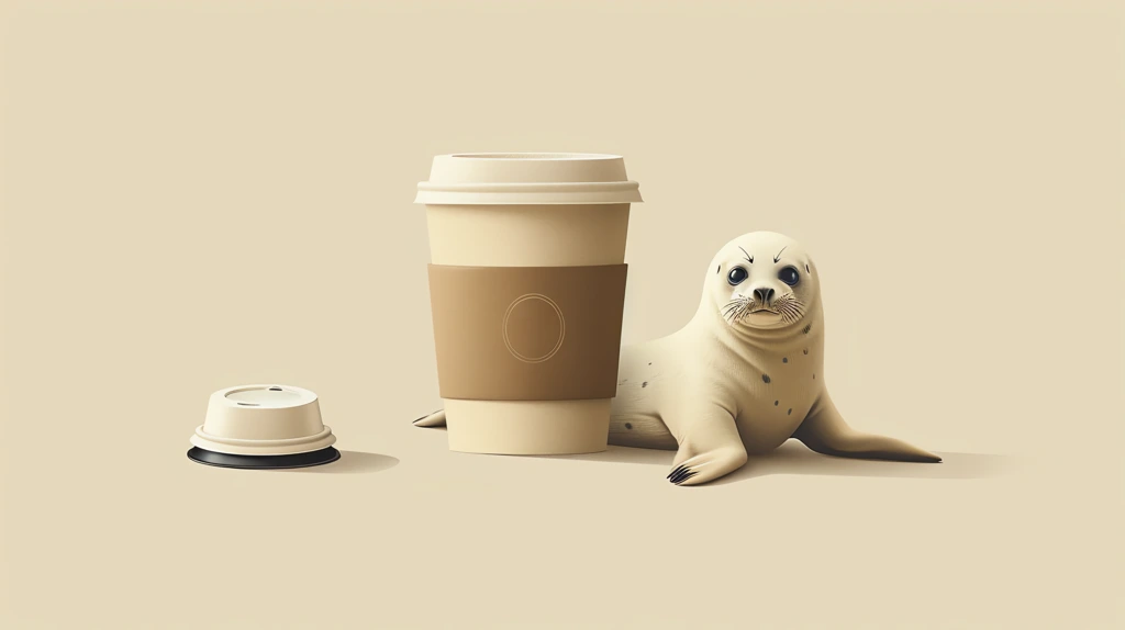anthropomorphic seal lying on the coffee cup desktop wallpaper 4k