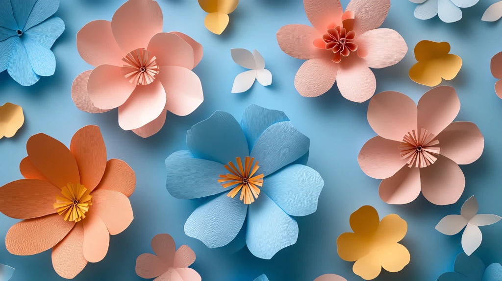 array of paper flowers floating on a pastel phone wallpaper 4k