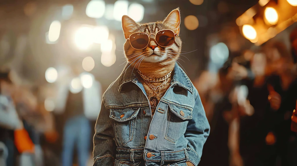 ashionable cat walking high-end fashion runway dressed in trendy denim clothing desktop wallpaper 4k