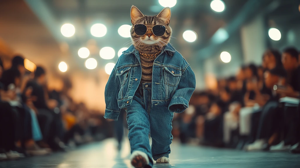 ashionable cat walking upright dressed in trendy denim clothing desktop wallpaper 4k