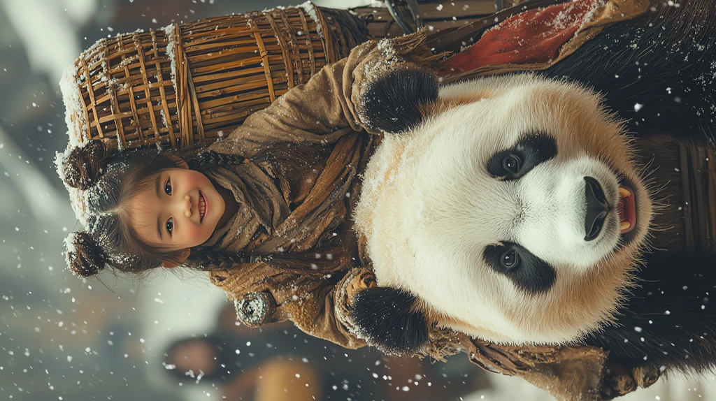 asian girl in ancient coarse linen clothes rides a giant panda phone wallpaper 4k