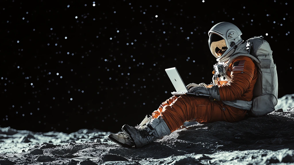 astronaut sitting on the moon surface on a small rock on the right third desktop wallpaper 4k