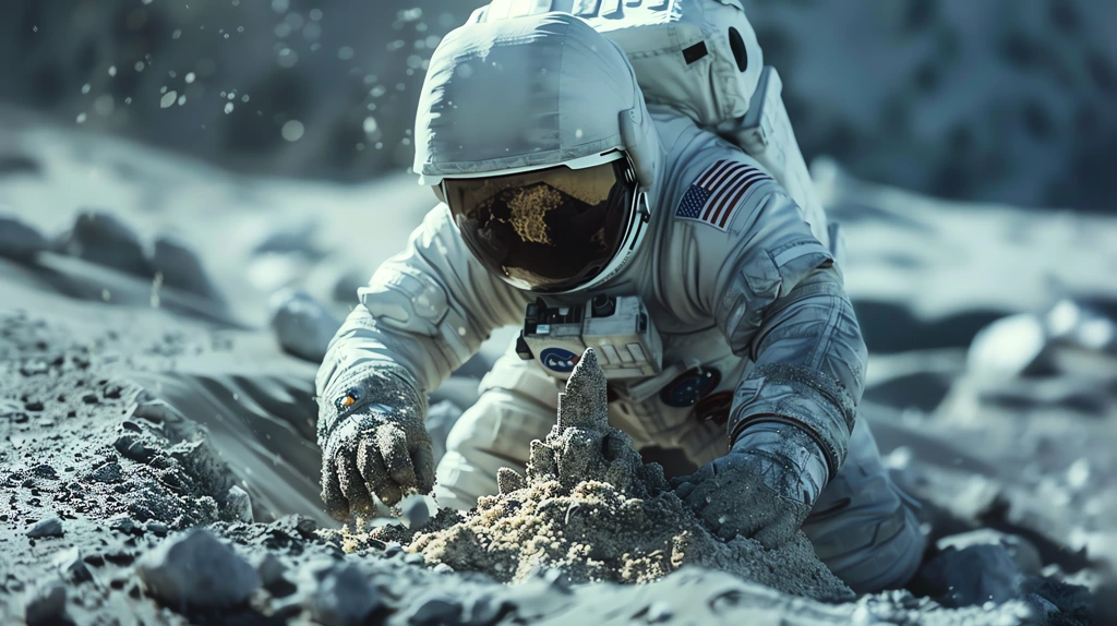 austronaut from the apollo mission plays with the lunar sand on the lunar desktop wallpaper 4k