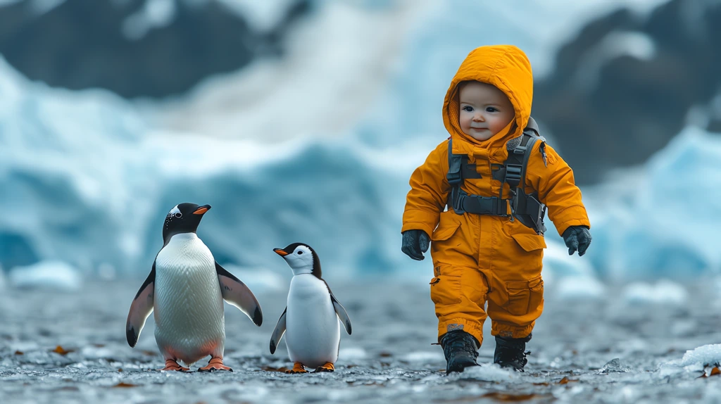 baby wearing a yellow antarctic glacier accompanied by a cute little penguin desktop wallpaper 4k