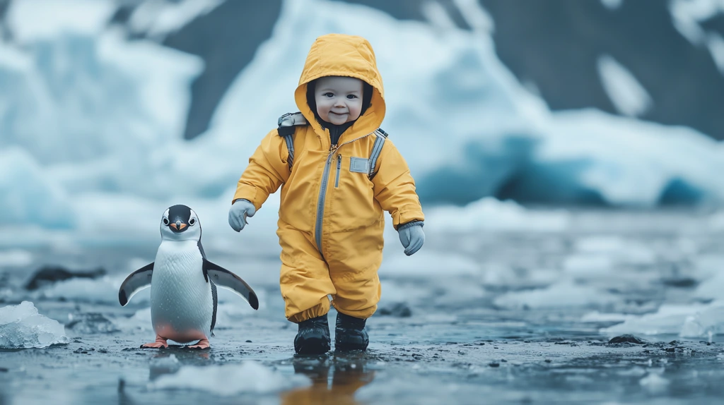 baby wearing a yellow explorer costume walking on an antarctic glacier desktop wallpaper 4k