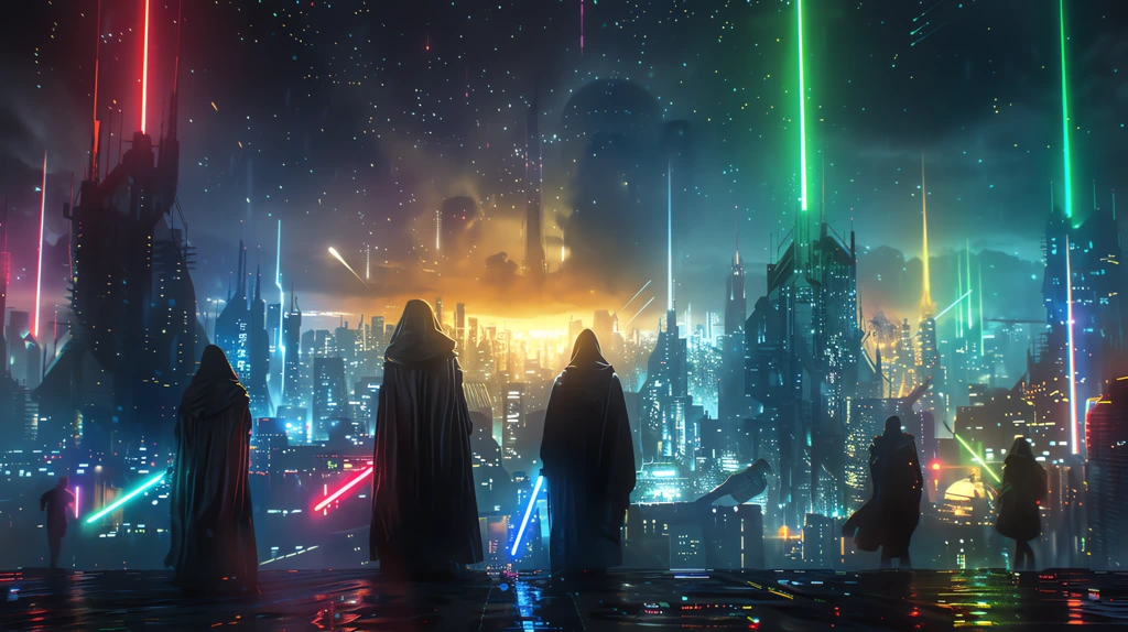 back of unidentified jedis with the multi colored light sabers desktop wallpaper 4k