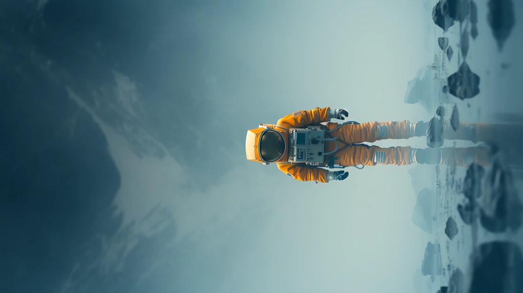 back view of astronaut in his space suit walking in the fog in the style of light blue and light amber phone wallpaper 4k