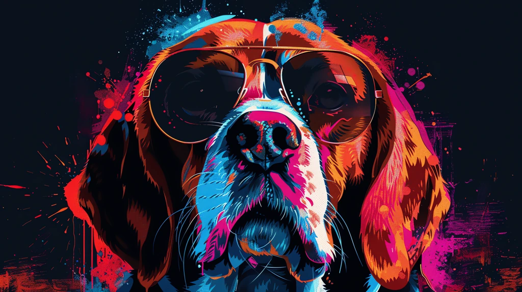 beagle with sunglasses in the style of digital airbrushing rainbowcore desktop wallpaper 4k