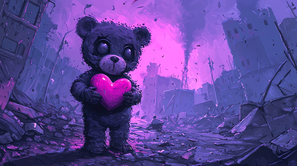 bear holding a heart stands against the war torn desktop wallpaper 4k