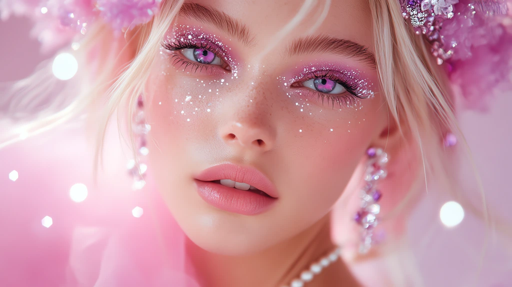 beautiful blonde in pink wearing pink eyeshadow lipstick and long eyelashes desktop wallpaper 4k