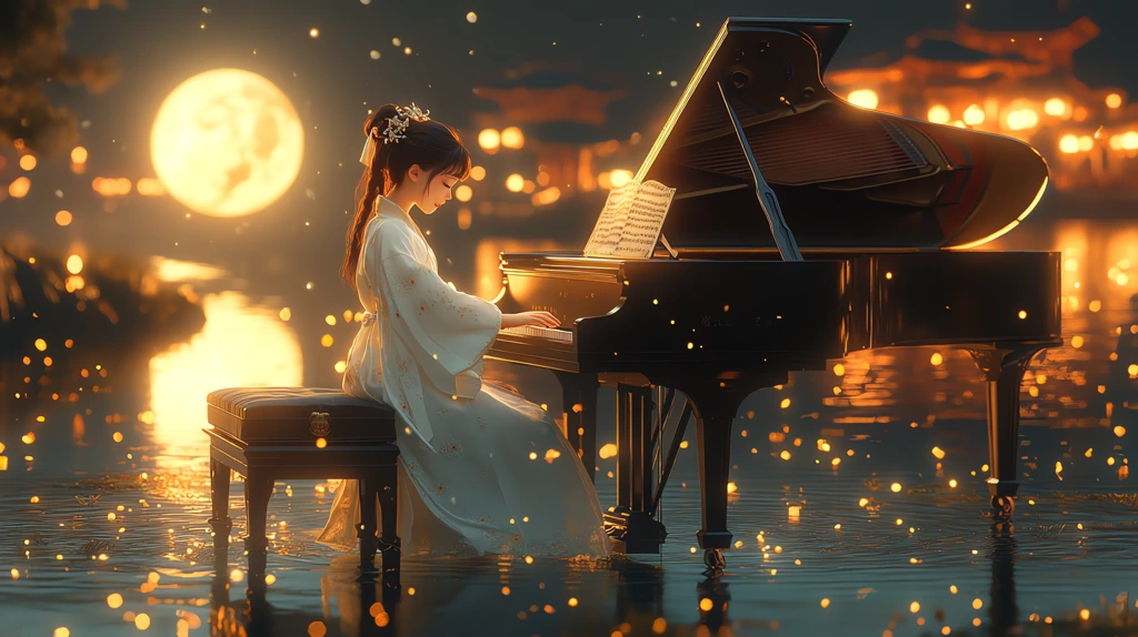 beautiful girl dressed in white hanfu playing the piano moonlight sonata infatuating desktop wallpaper 4k