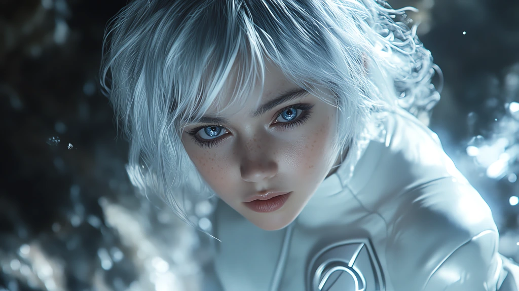 beautiful girl silver hair white suit in the style of 1980s sci fi illustrations desktop wallpaper 4k