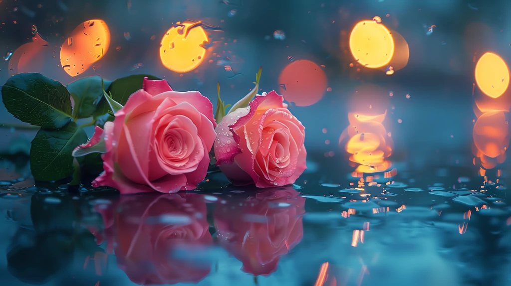 beautiful pink roses on a street at night wet desktop wallpaper 4k