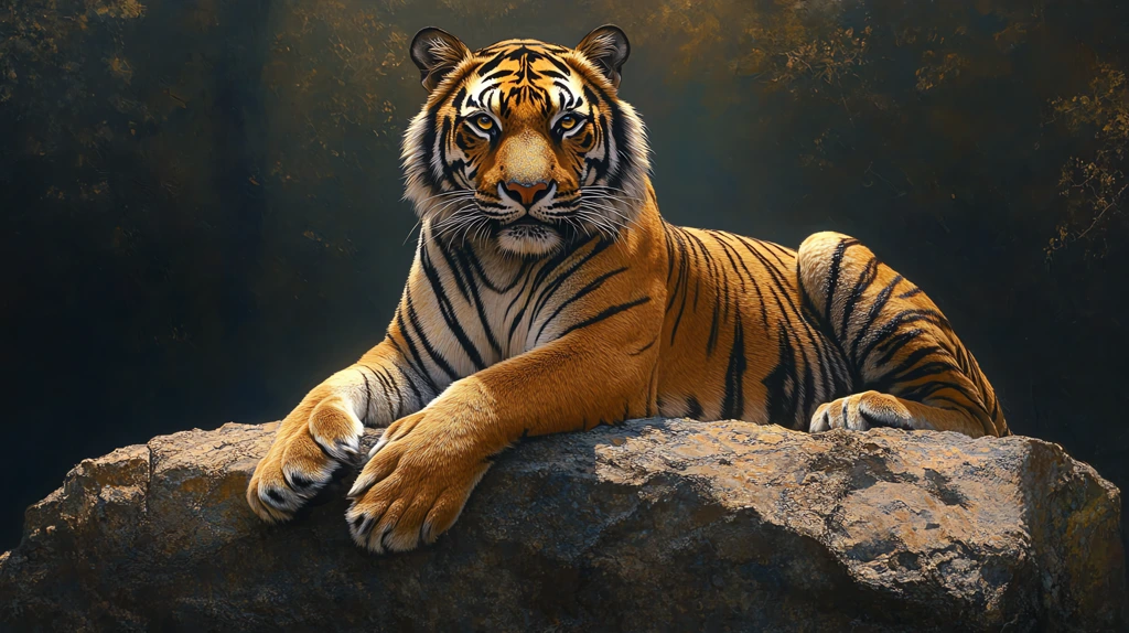 bengal tiger lounging atop a weathered rock its powerful paws desktop wallpaper 4k