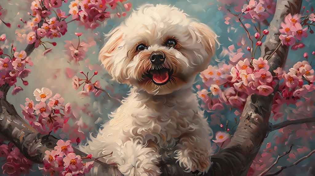 bichon frise dog in front of cherry blossoms desktop wallpaper 4k