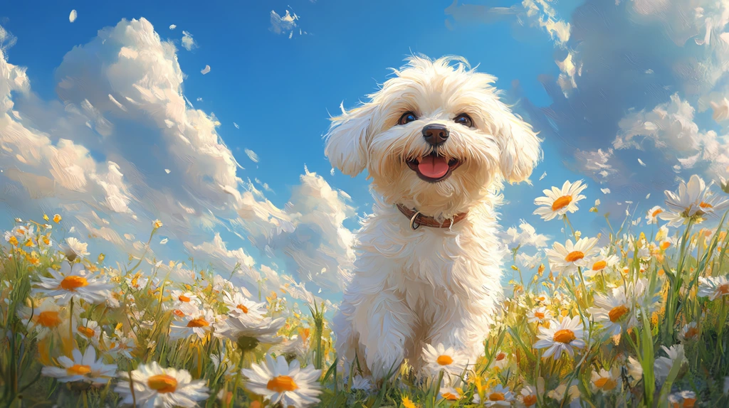 bichon frise dog smiles and stands in a field of daisies with a blue sky and clouds desktop wallpaper 4k