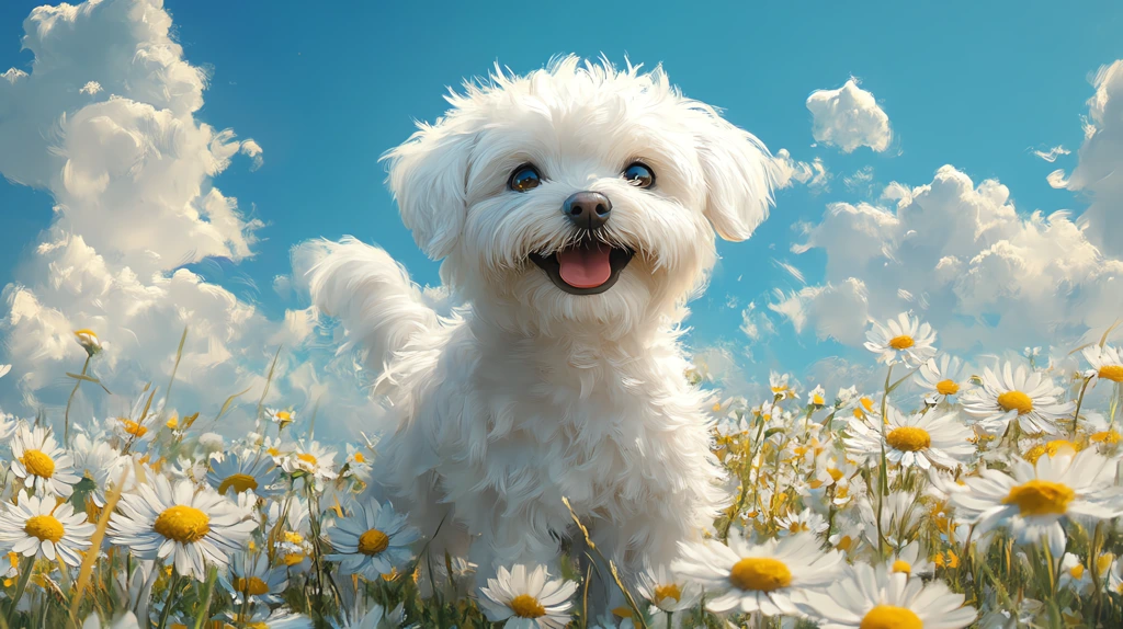 bichon frise dog smiles stands in a field of daisies desktop wallpaper 4k