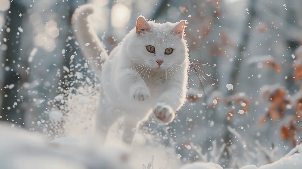 big cat jumping fallen snow in a winter forest desktop wallpaper 4k