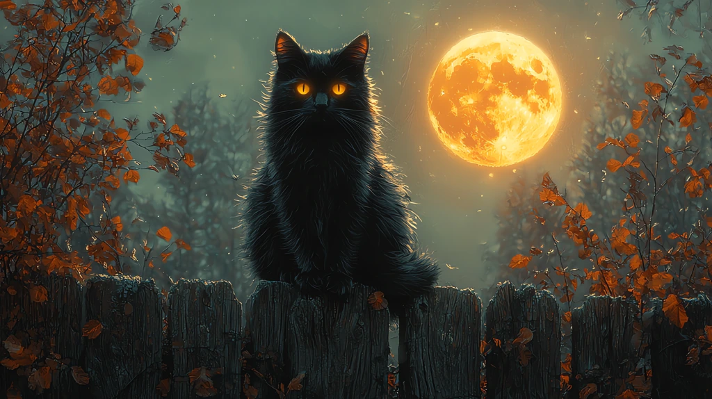 black cat perched on an old wooden fence the full moon desktop wallpaper 4k