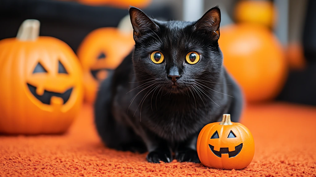 black cat sitting on an orange looking at the camera desktop wallpaper 4k