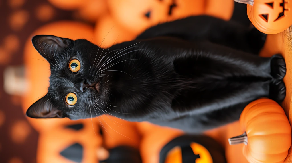 black cat sitting with jack lanterns on an orange phone wallpaper 4k