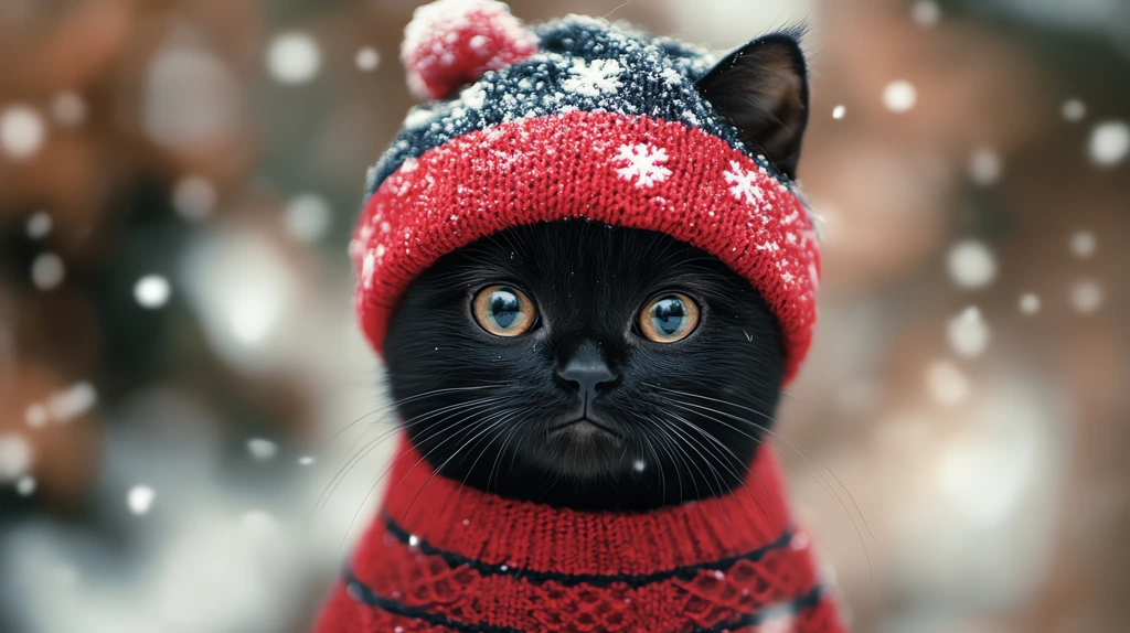 black cat wearing big knitted christmas jumper sweater and a christmas knitted hat desktop wallpaper 4k