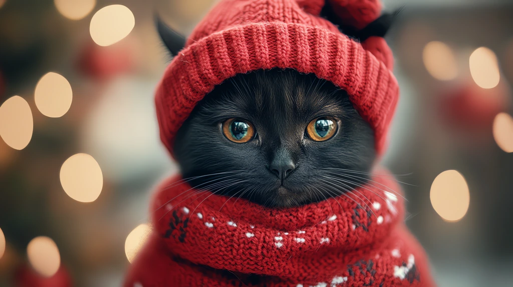 black cat wearing big knitted christmas jumper sweater desktop wallpaper 4k