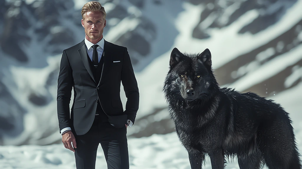 black elegant suit the snow with a large majestic bright black wolf desktop wallpaper 4k