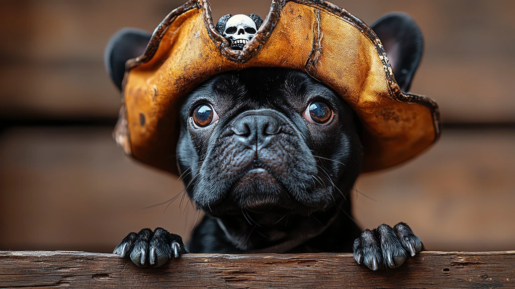 black french bulldog pirate in a exaggerate emotional caricature funny photo desktop wallpaper 4k