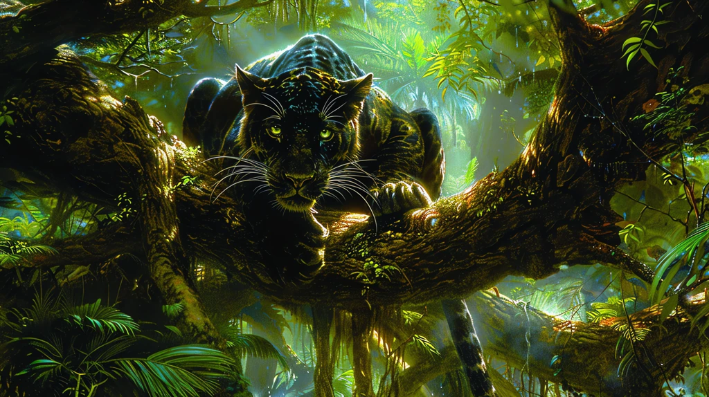 black panther sitting in a tree watching you with intense eyes green foliage surrounding desktop wallpaper 4k