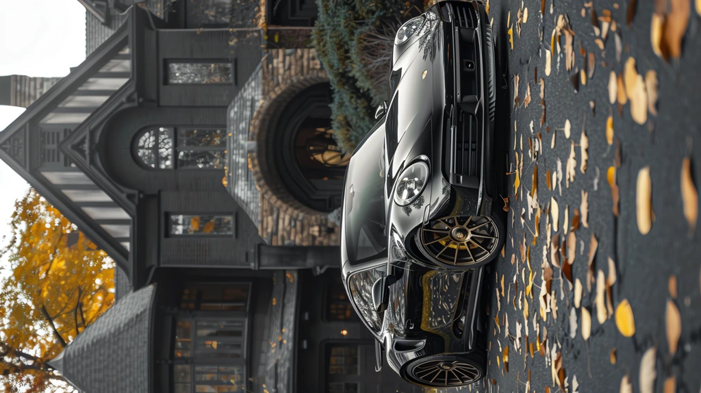 black porsche 911 turbo s in front of black mansion outside phone wallpaper 4k