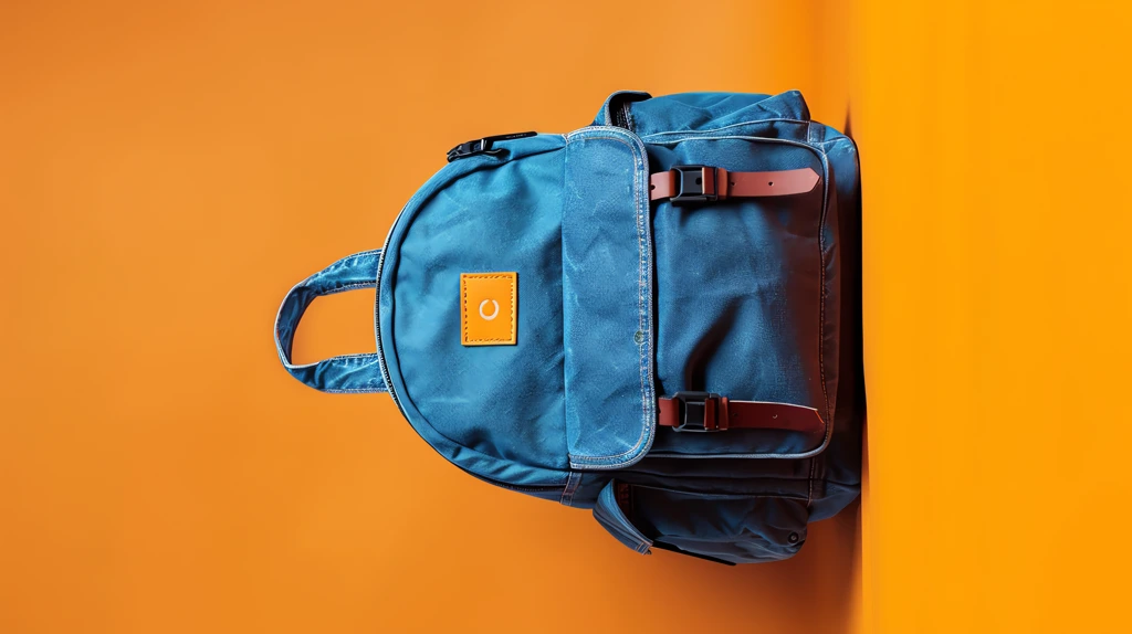blue backpack on orange background phone wallpaper 4k