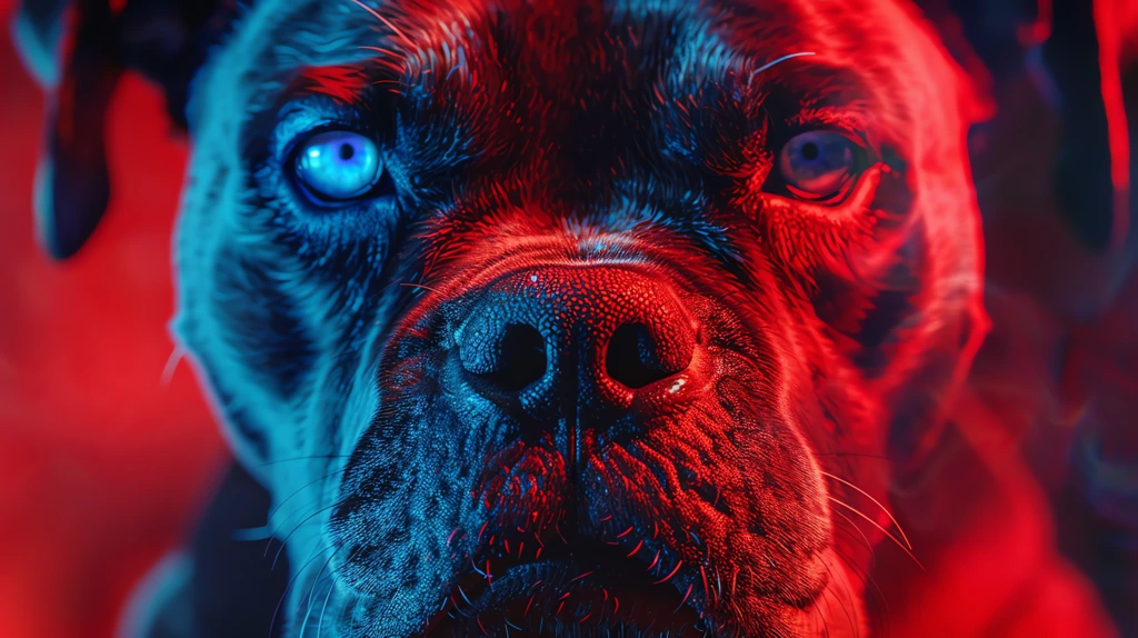 blue-eyed black pitbull agressive face expression cyberpunk desktop wallpaper 4k