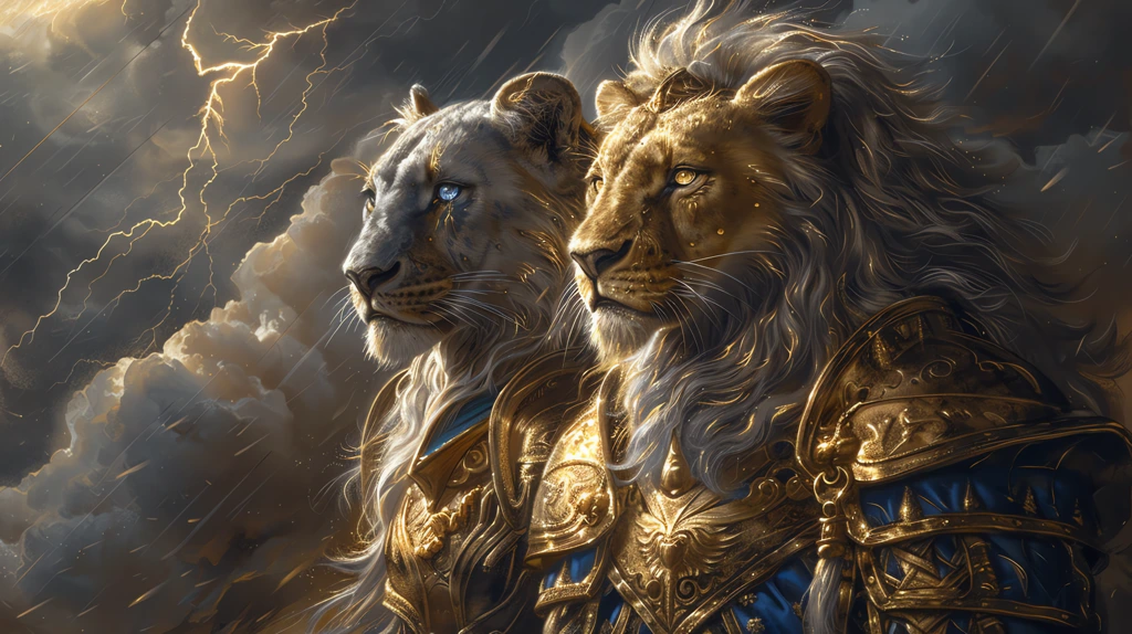 blue-eyed lion in golden armour standing behind yellow-eyed cougar in golden armour desktop wallpaper 4k