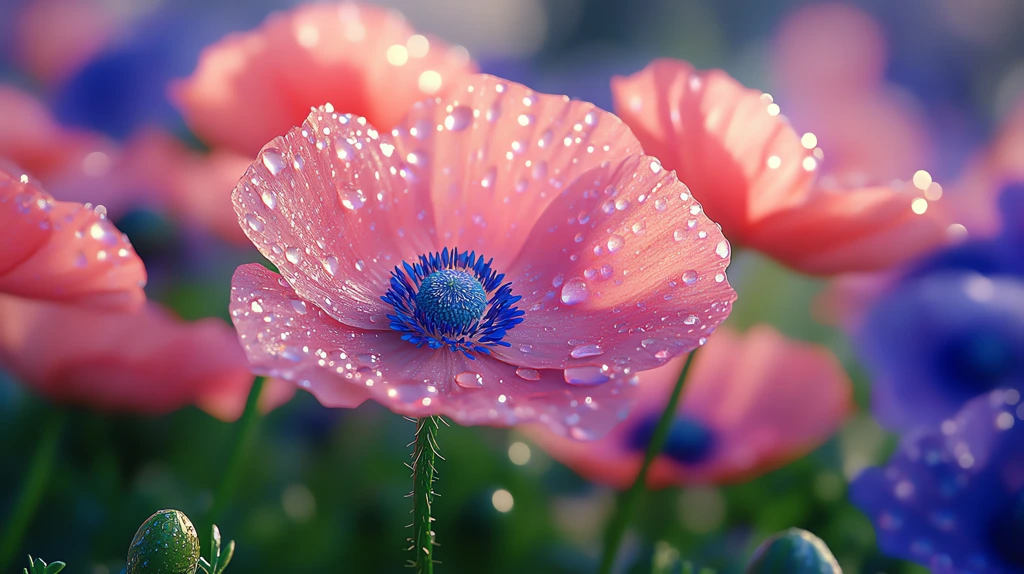 blue garden flowers water droplets on petals green leaves pink poppies desktop wallpaper 4k