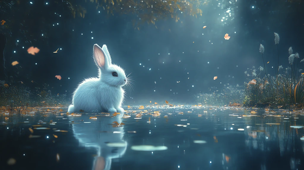 blue-green magical hour in autumn nature with a large strange fluffy white rabbit desktop wallpaper 4k