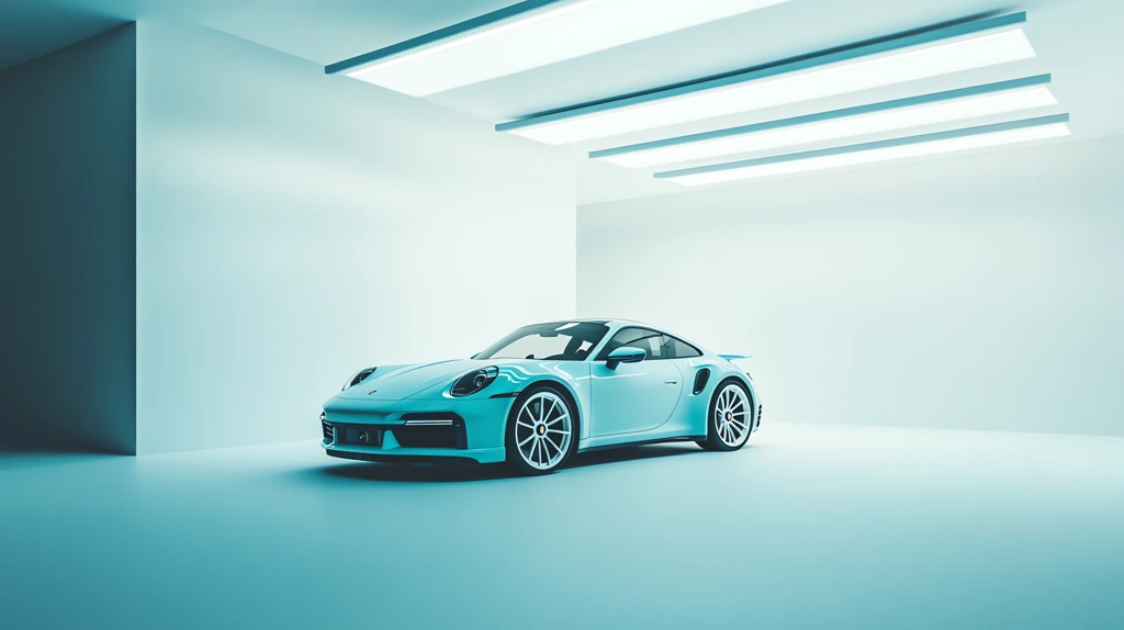 blue porsche 992 turbo s with white wheels parked in the middle of an empty white desktop wallpaper 4k