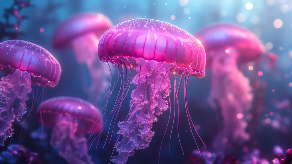 bright pink jellyfishes glowing lights and light azure desktop wallpaper 4k