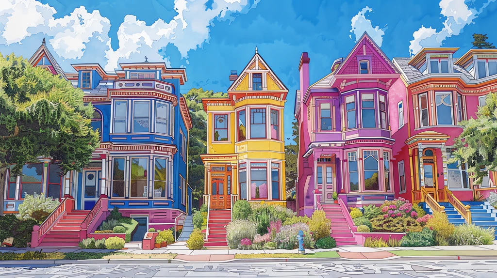 bright victorian houses stippling liminal surreal desktop wallpaper 4k