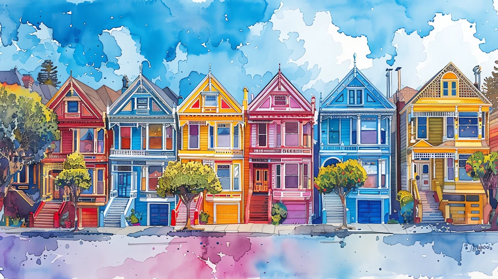 bright victorian houses surreal color pen desktop wallpaper 4k