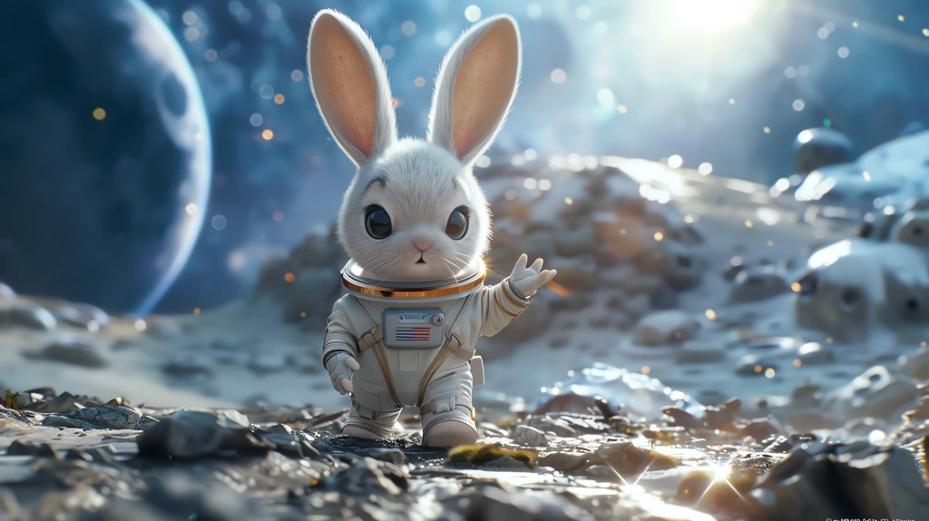 bunny for your members wearing a space suit flying head-on on the moon desktop wallpaper 4k