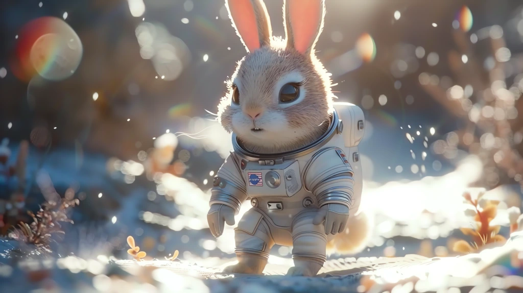 bunny wearing a space suit flying head-on on the moon and waving to everyone desktop wallpaper 4k